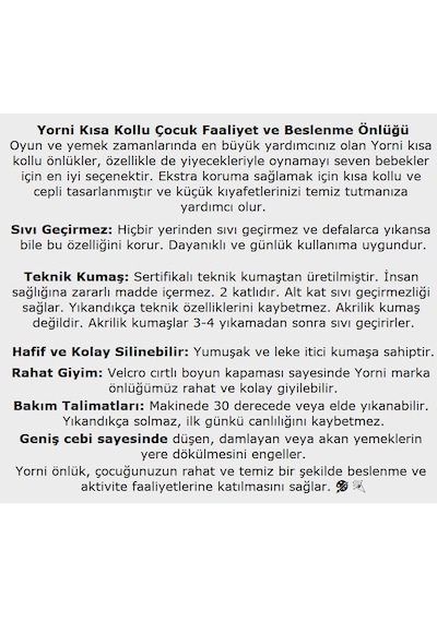 Yorni Unisex Su Geçirmez - Cırtlı - Cepli - Yarım Kollu Bebek - Mama Önlüğü 1-3 Yaş
