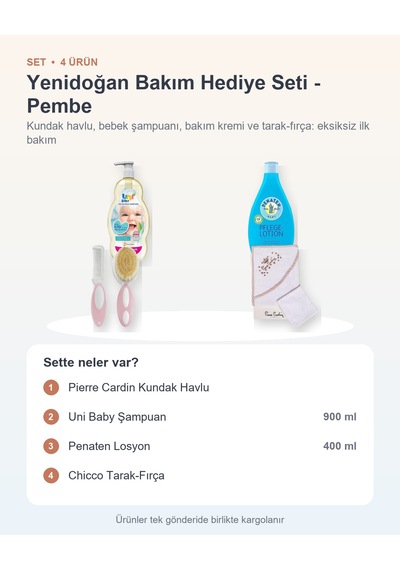 Yenidoğan Bakım Hediye Seti 4 Parça: Kundak Havlu + Şampuan + Losyon + Tarak-fırça - Pembe