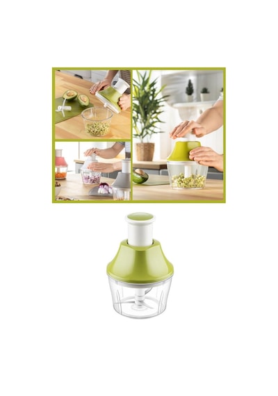Flosoft Paslanmaz Çelik Bıçak Manuel Doğrayıcı Rondo, 3 Bıçaklı Üstten Basmalı El Robotu 700 Ml Yeşil