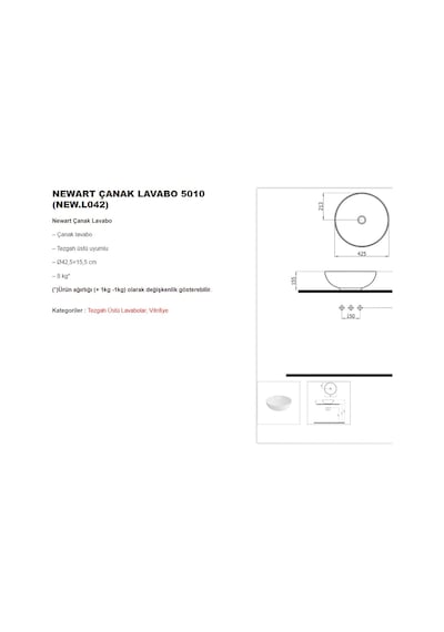 Newarc 5010 Çanak Tezgah Üstü Lavabo