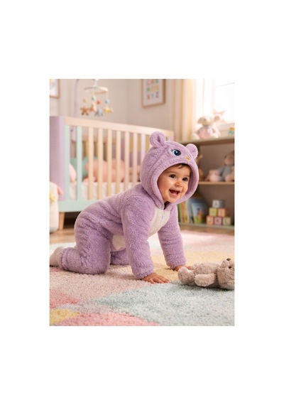 Chicsy Baby Tatlı Kız Bebek Welsoft Tulum Kuş Civciv Nakışlı Kulaklı Kapüşonlu Fermuarlı Peluş Kışlık Bebek Tulumu Lila