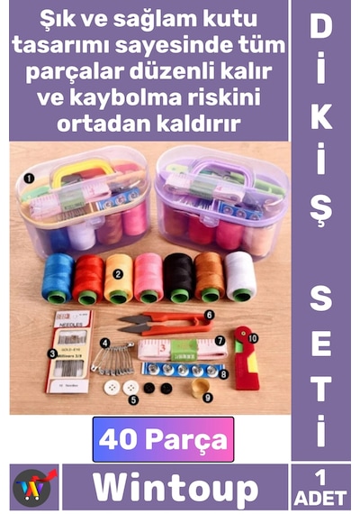 Dikişseti Seyahat Tipi Özel Kutulu İğne Iplik Balıkçı Makas Mezura Yüzük 40 Parça Mini Dikiş Seti