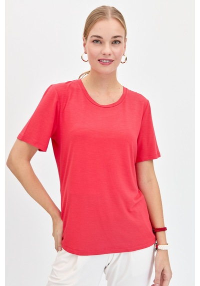 Kadın Sıfır Yaka Flamlı Kumaş Penye Tshirt Mercan MERCAN