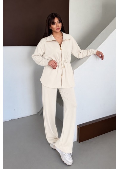 Balenbi Oversize Fermuarlı Beli Bağcıklı Polo Yaka Modal Kadın Takım 1196 - Premium Seri Ekru Balenbi Oversize Fermuarlı Beli Bağcıklı Polo Yaka Modal Kadın Takım 1196 - Premium Seri Ekru