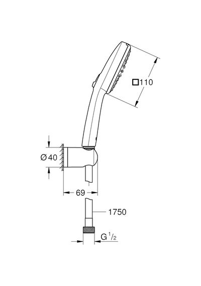 Grohe Vitalio Comfort 110 El Duşu Seti, 110mm Kare 2 Akışlı El Duşu, Duş Başlığı Tutucu, 1750mm Duş Hortumu, Diğer