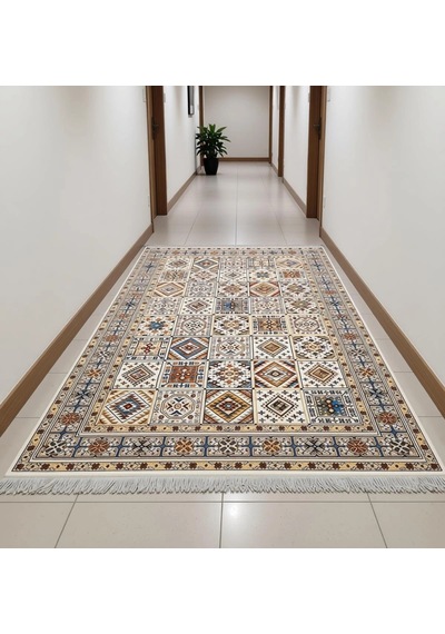 Renkli Etnik Desen Modern Halı Dekoratif Kilim Ekru