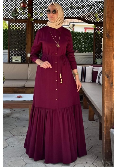 Rabia Şamlı Süreyya Gömlek Elbise Bordo Normal