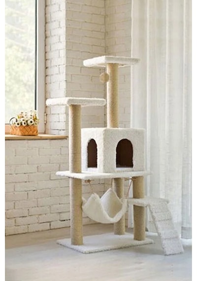 Missidea B07 Hamaklı Yuvalı Lüx Kedi Tırmalama Oyun Evi Beyaz