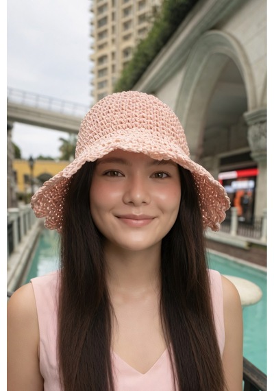Mollycrush Kadın Pembe Hasır İp El Örmesi Bucket Şapka Plaj Trend Tasarım Pembe