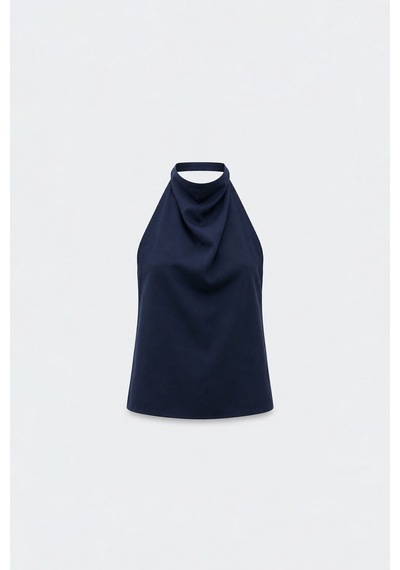 Suud Collection Lacivert Gabriel Halter Yaka Keten Bluz