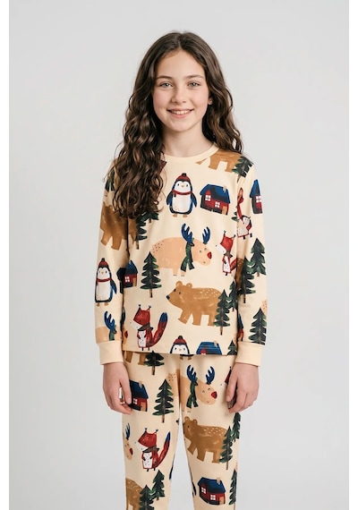Zuzunga Sevimli Kardan Adam-penguen Desenli %100 Pamuk Unisex Çocuk Pijama Takımı Krem