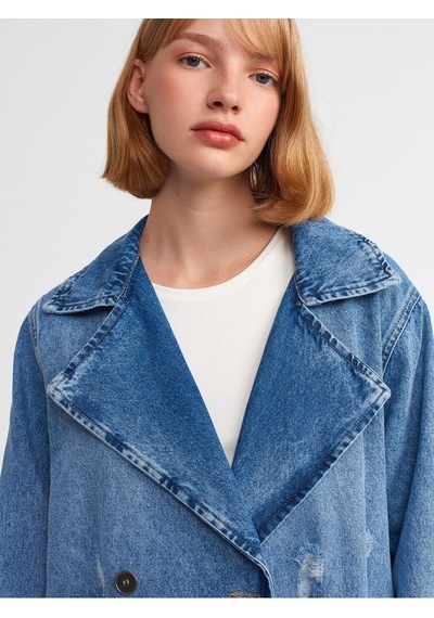 Dilvin 65336 Metal Düğmeli Denim Trençkot-mavi-977 Mavi