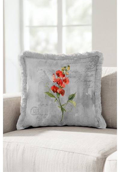 Vintage Çiçek Botanik Saçaklı Yastık Kılıfı - Nostaljik Floral Gri Krem Püsküllü Kırlent Kılıfı Gri