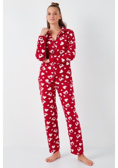 Lela Standart Fit Düğmeli Polarlı Bayan Pijama Takımı 6095617 Kırmızı