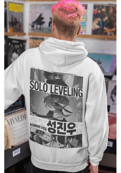 Sevbano Solo Leveling Arise Anime Sırt Baskılı Unisex Oversize Penye Hood beyaz