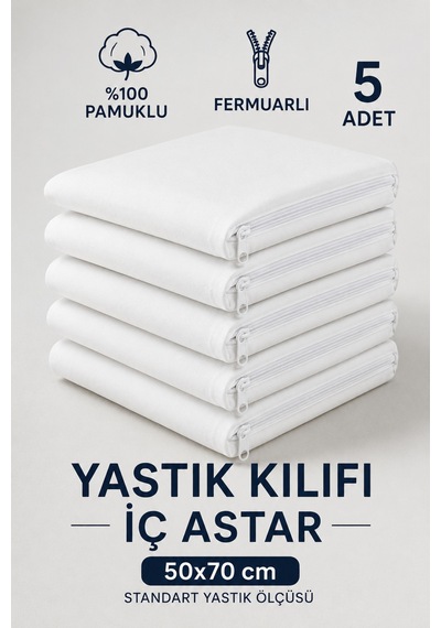 Turuytowel Pamuklu Fermuarlı İç Yastık Kılıfı Beyaz Renkli İç Astar 10'lu Yastık İç Kılıfı 50x 70 Şilte Beyaz 5 Li