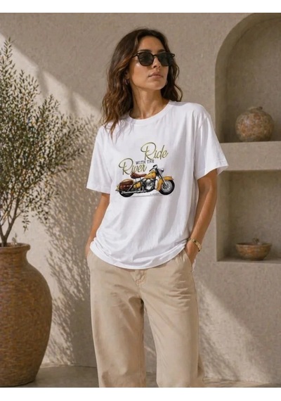 Defymoda Motosiklet Baskılı Tişört Bisiklet Yaka Kısa Kol Yazlık T-shirt - Beyaz