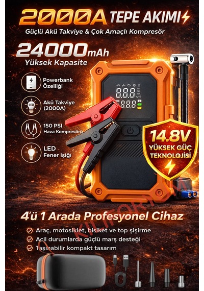 24000mah Akü Takviye Ve Hava Kompresörü 2000amper 14.8v 150psı Powerbank Led 4in1 Profesyonel
