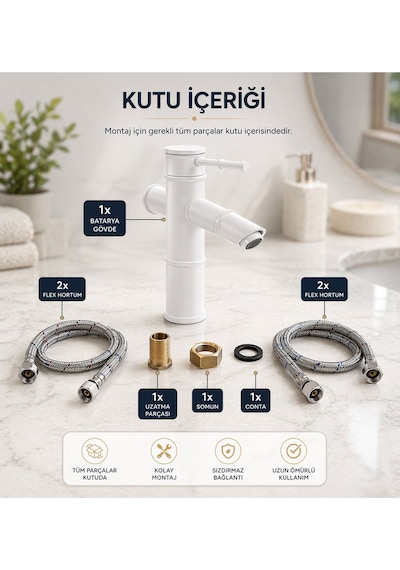 Viosa Premium Bambu Beyaz Banyo Lavabo Bataryası Çeşmesi Musluğu Modern Musluk Siyah
