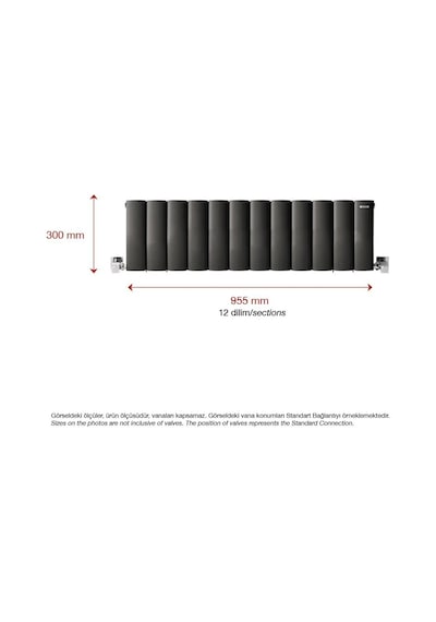 300mm x 955mm Lilac Yüksek Isı Kapasiteli Dekoratif Yatay Alüminyum Antrasit Radyatör