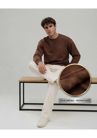 Km Collections Erkek Kışlık Sweatshirt 3 İplik Kahverengi