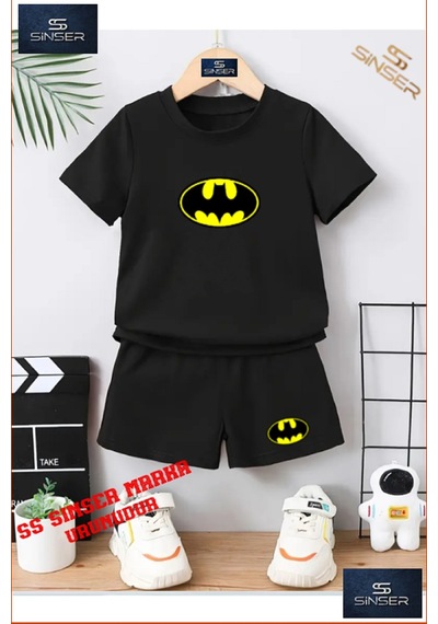 Ss Sinser Çocuk Batman Logo Özel Baskılı Bisiklet Yaka Tişört - Şort Takım Siyah