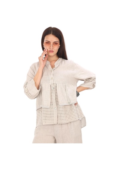 Bohem Stil İtalyan Fisto Detaylı Keten Pantolon Ceket Takım-9196 Bej