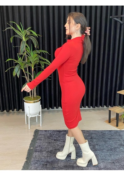 Espoir Plus Espoirplus Vücuda Oturan Midi Boy Balıkçı Yaka Fitili Örme Elbise