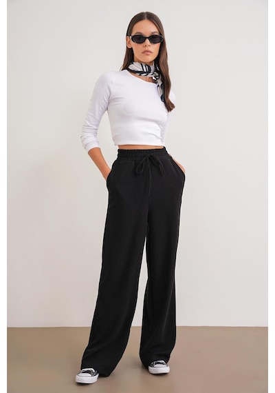Mixray 4757 Kadın Lastikli Bol Paça Örme Dökümlü Selanik Pantalon Siyah Siyah