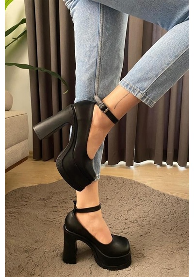 Kadın Siyah Deri Bilekten Bağlamal 12 Cm Platform Topuklu Ayakkabı Siyah