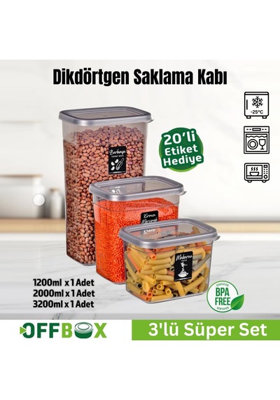Offbox Dikdörtgen Bakliyat Baharat Gıda Saklama Kabı - 3 Çeşit - 3 Adet Antrasit Şeffaf