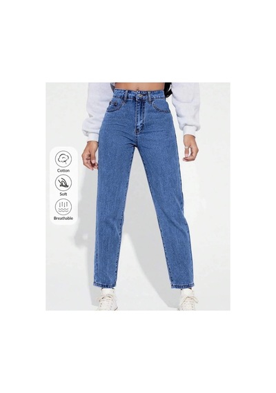Kene Jeans Yüksek Bel Tam Kalıp Mom Jeans Mavi