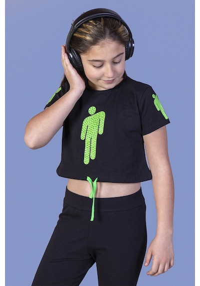 Toontoy Kids Toontoy Kız Çocuk Crop Model Baskılı Taş İşlemeli Tişört Siyah