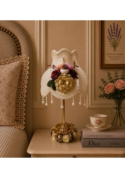 Ekru Kadife Kaplı Çiçek Dekorlu Başlık Gold Metal Çiçek Süslemeli Ayaklı Klasik Abajur 50x25cm