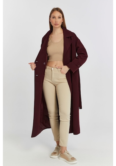 Bordo Oversize Rüzgarlık Detaylı Trençkot