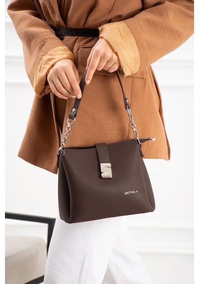 Just Polo Kadın Polo Kumaş Jp Gümüş Logolu Şık El Ve Omuz Çantası Shoulder Bag Ebat: 23 X 18 Cm Kahverengi