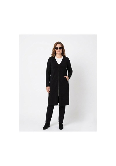 Onno Style Women V Yaka Çelik Örgü Uzun Triko Ceket Siyah