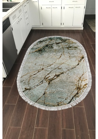 Alanur Home Kaymaz Dijital Mutfak & Salon Halı Trend Saçaklı Oval Mermer E5031 Renkli