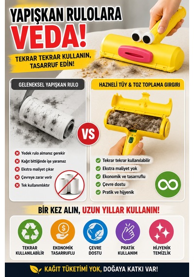 Hazneli Tekrar Kullanılabilir Tüy Toz Saç Toplama Gırgırı Yapışkansız Kumaş Temizlik Rulosu Ev Tipi Sarı
