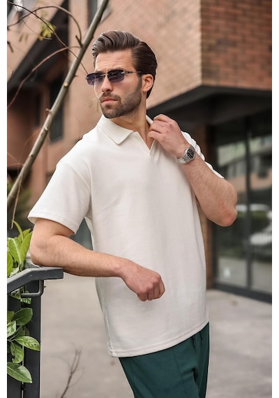 Madmext Ekru Polo Yaka Oversize Erkek Tişört E7185