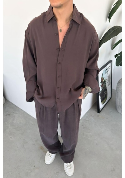Kahverengi Basic Oversize Modal Gömlek Kahverengi