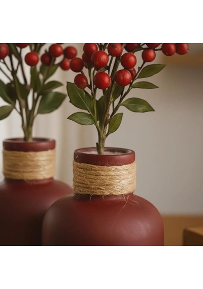 Hasır İpli Bordo Vazo Seti 2 Li 11 Cm El Yapımı Taş Tozu Vazo, Pampas Ve Kuru Çiçek İçin Boho Standart
