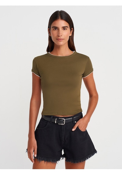 Dilvin 31750 Kontrast Kısa Kollu Tshirt-haki Haki