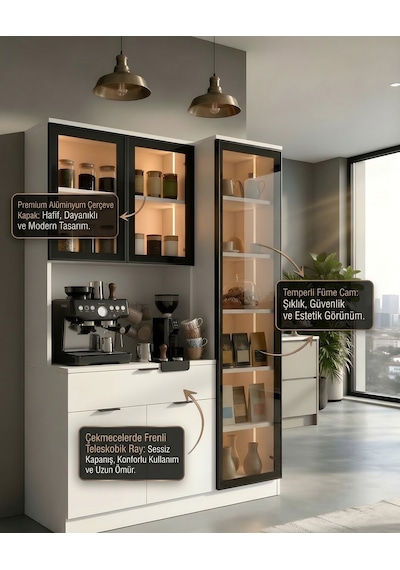 Dream Premium Kahve İstasyonu - Kahve Köşesi Ve Mutfak Ünitesi - Beyaz Füme Temperli Camlı Led Modül Beyaz Dream Premium Kahve İstasyonu - Kahve Köşesi Ve Mutfak Ünitesi - Beyaz Füme Temperli Camlı Led Modül Beyaz