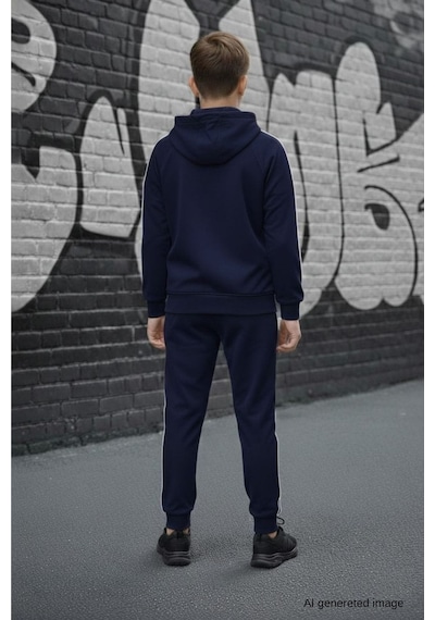 Pina Kids Erkek Çocuk Scuba Unlimited Çift Şeritli Kapüşonlu Reglan Kol Dalgıç Kumaş Eşofman Takımı Esf7024 Lacivert