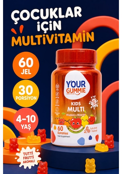 Y'our Gummie Çocuk Multivitamin ve Multimineral Gummies Portakal ve Çilek Aromalı 60 Gummies