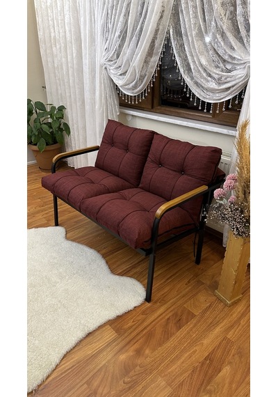 Modern Uzungöl Balkon, Bahçe, Cafe - Metal Kanepe Koltuk Takımı 2'li Bordo