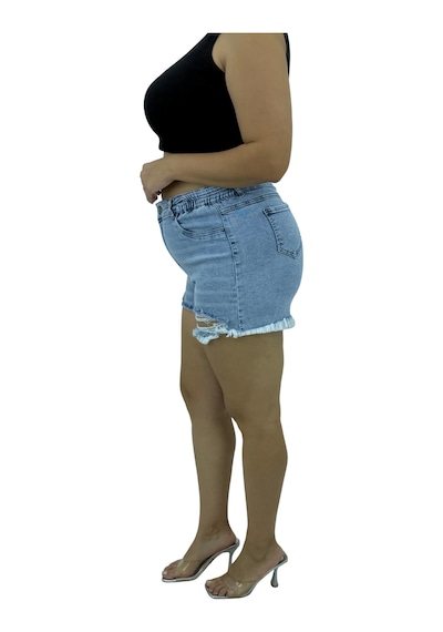 Zanessi Fashıon Büyük Beden Lastikli Yüksek Bel Yırtık Eskitme Cepli Kısa Denim Kadın Şort Mavi Zanessi Fashıon Büyük Beden Lastikli Yüksek Bel Yırtık Eskitme Cepli Kısa Denim Kadın Şort Mavi