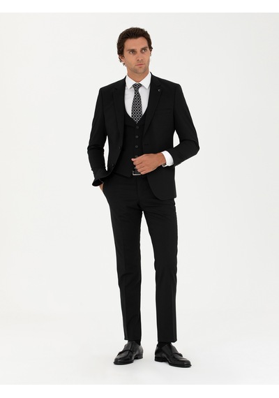 Cacharel Siyah Slim Fit Yün Karışımlı Yelekli Takım Elbise