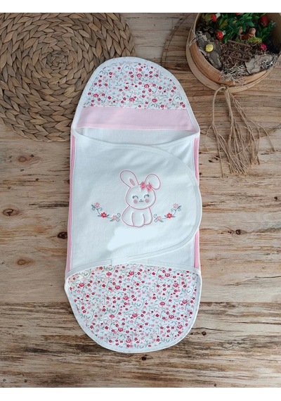 Yenidoğan İlkbaharın Tavşanı Nakışlı Çıt Çıt Kapamalı Bebek Kundak Ekru ekru